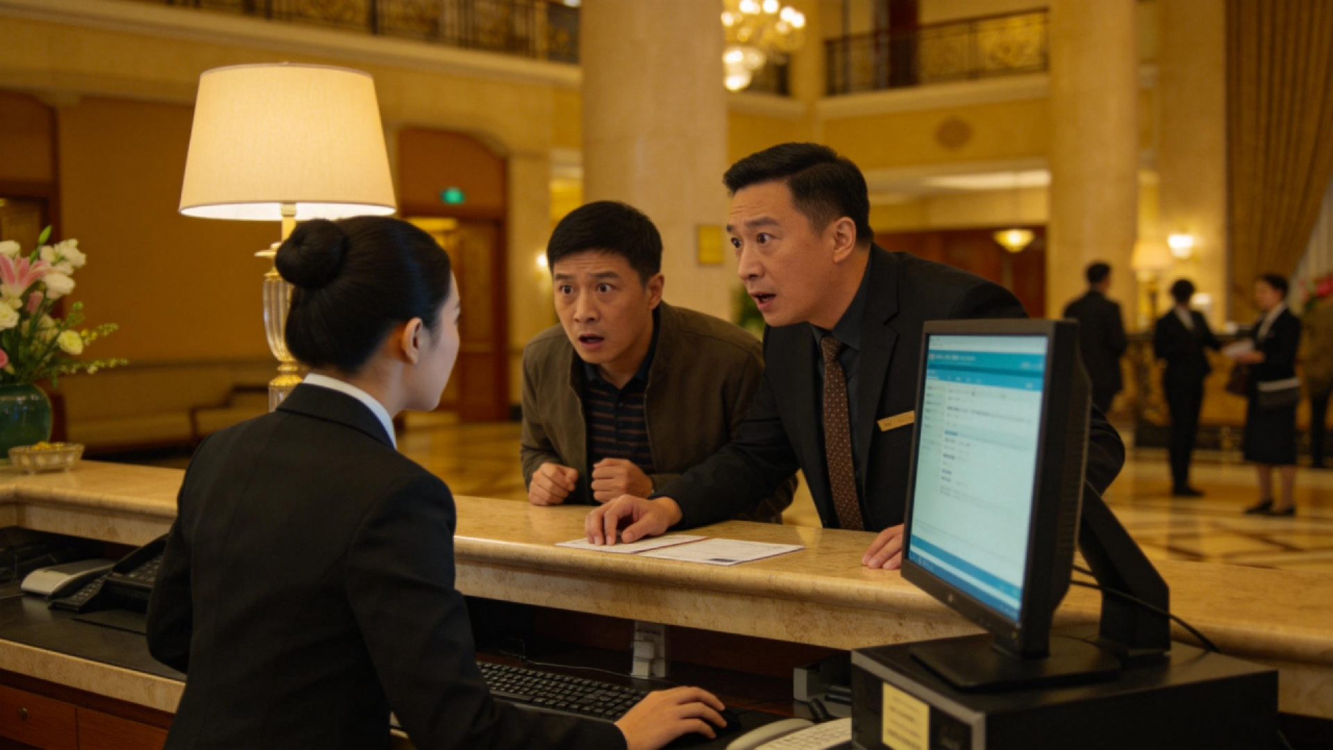 jimeng-2026-03-13-6567-國內酒店前臺被催票場景實拍圖，前臺使用新款臺式電腦，客人在前臺急切催促，環(huán)境真實....png