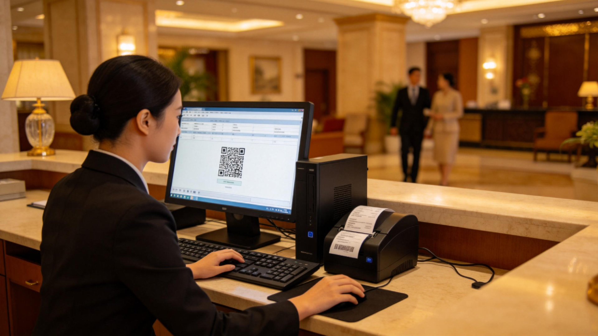 jimeng-2026-03-13-5912-國內酒店前臺操作電腦打印帶二維碼小票場景實拍圖，前臺使用新款臺式電腦，小票界面顯....png