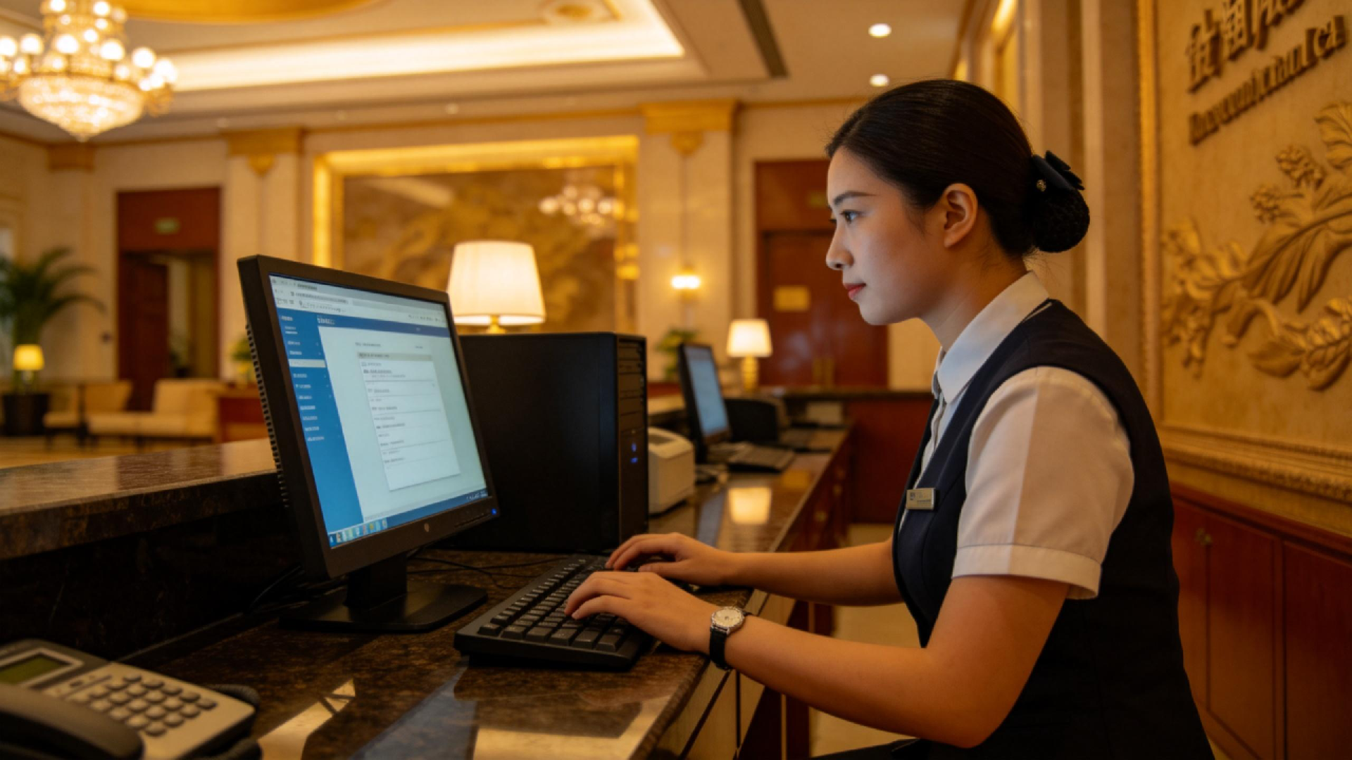 jimeng-2026-03-13-7297-國內酒店前臺操作電腦場景實拍圖，前臺使用新款臺式電腦，工作人員專注操作，環(huán)境真實....png
