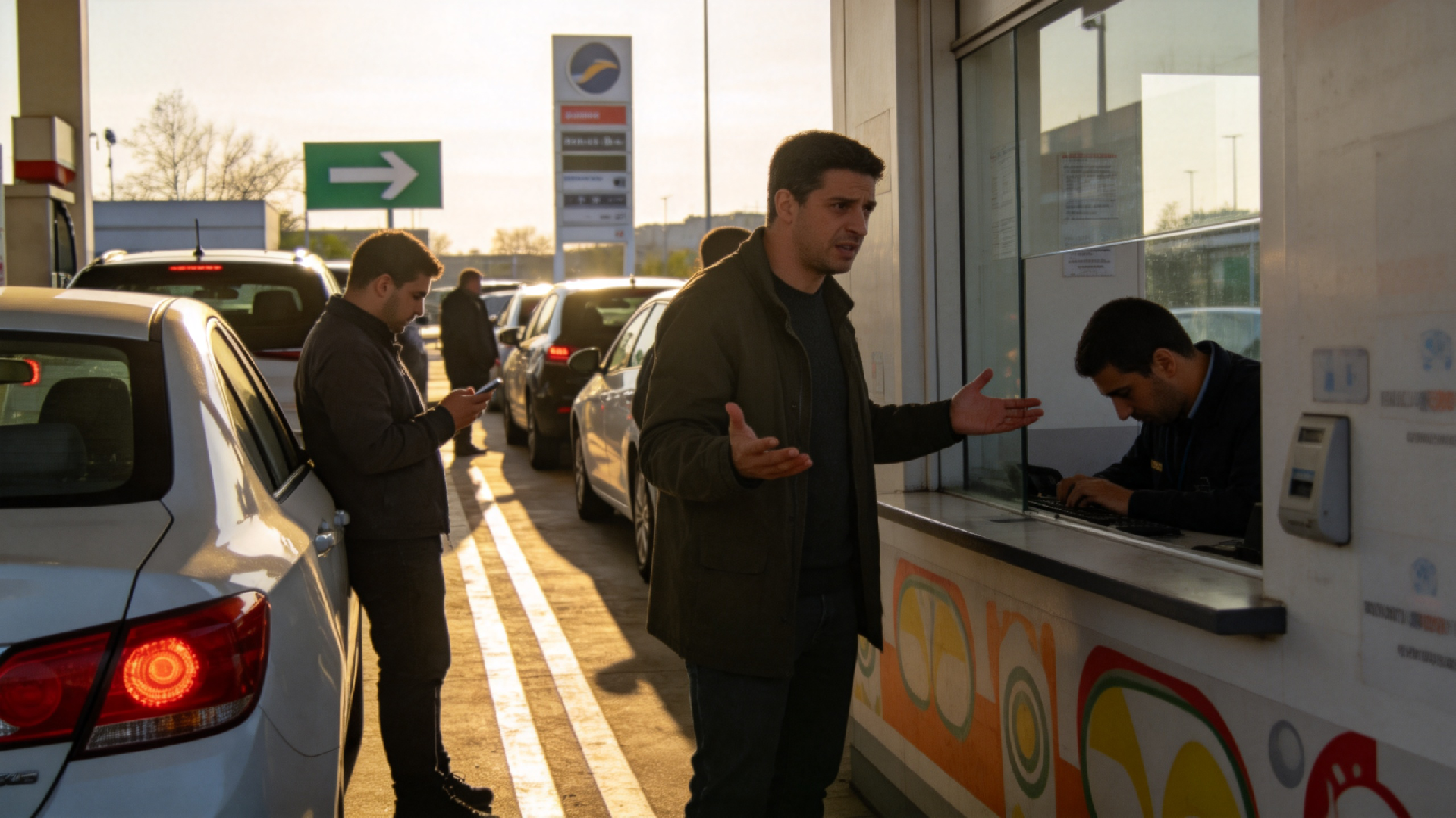 jimeng-2026-03-17-3346-加油站返程高峰排隊開票實拍圖1張， 車主抱怨場景示意圖1張， 加油機旁開票碼張貼....png