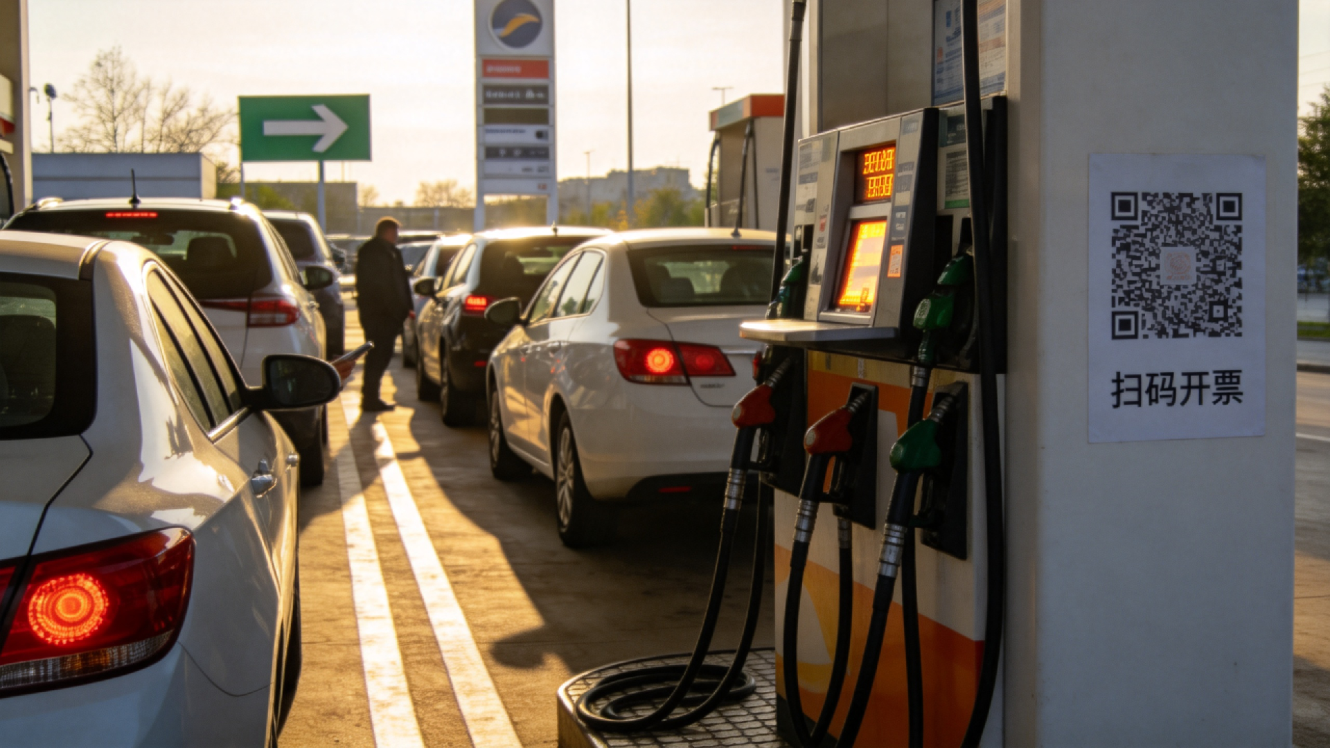 jimeng-2026-03-17-9160-加油站返程高峰排隊開票實拍圖1張， 車主抱怨場景示意圖1張， 加油機旁開票碼張貼....png