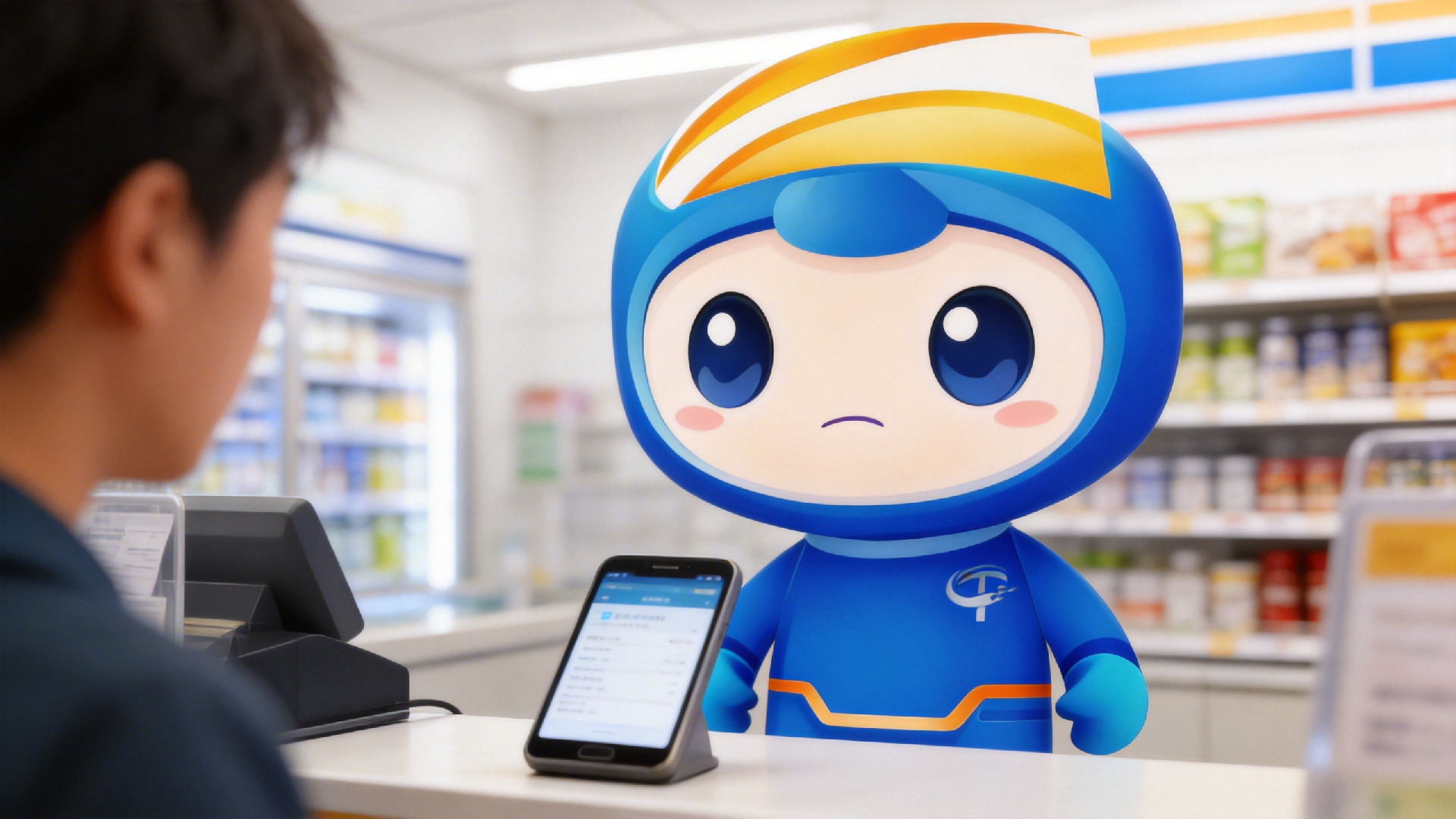 jimeng-2026-04-13-4865-@圖片1 改造為便利店店員造型，輕微皺眉表情，站在實拍簡約便利店收銀臺后，面前放....png