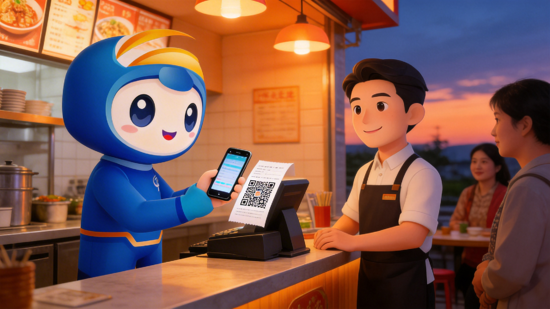 jimeng-2026-04-13-4768-@圖片1 分為兩個形象：一個是顧客造型，手持手機(jī)對著收銀臺的開票二維碼掃碼，另一....png