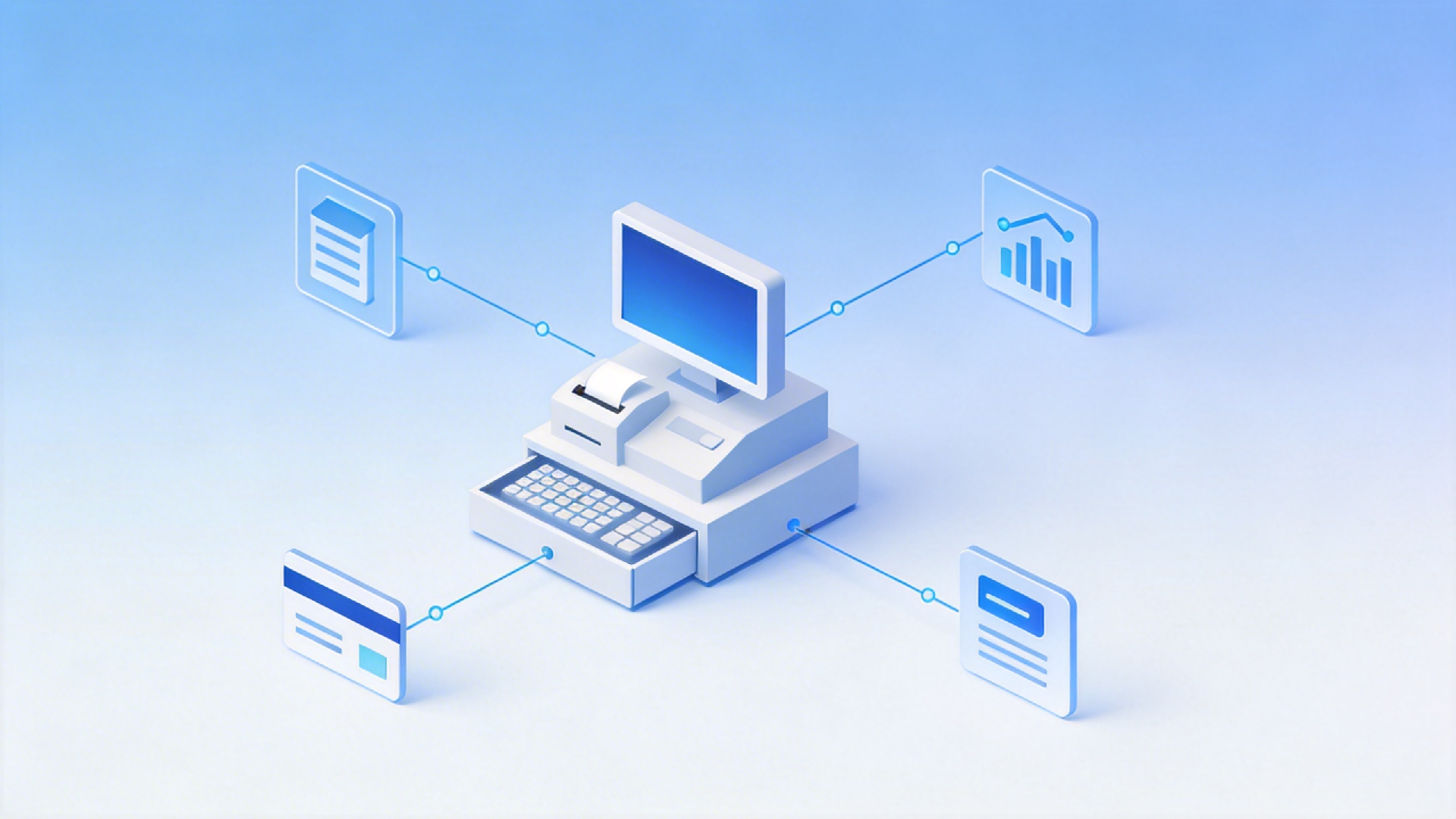 jimeng-2026-04-13-1051-簡約科技風(fēng)，淡藍(lán)色漸變科技背景，搭配簡約扁平化風(fēng)格的電腦、收銀系統(tǒng)、數(shù)據(jù)傳輸連線....png