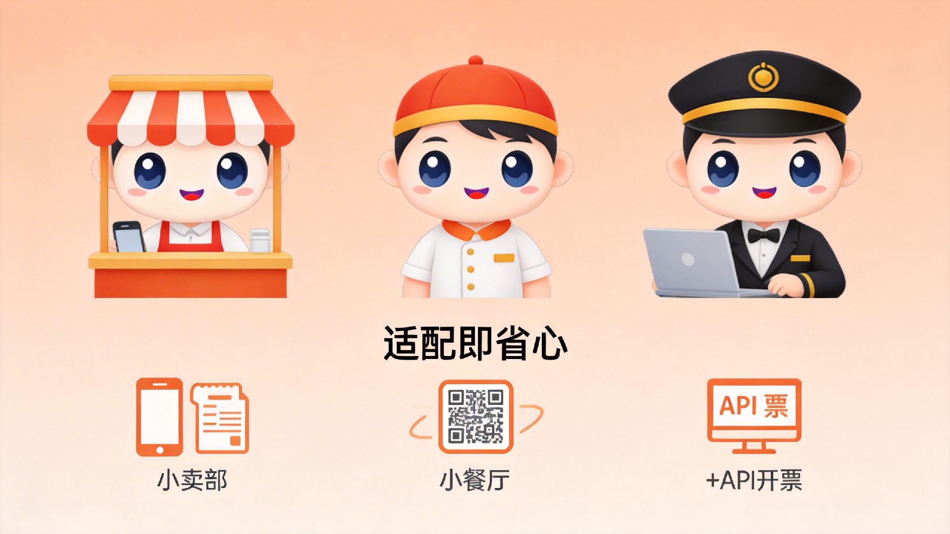 jimeng-2026-04-13-2979-@圖片1 拆分為三個不同商戶造型：小賣部店主、小餐館老板、星級酒店工作人員，均保....png